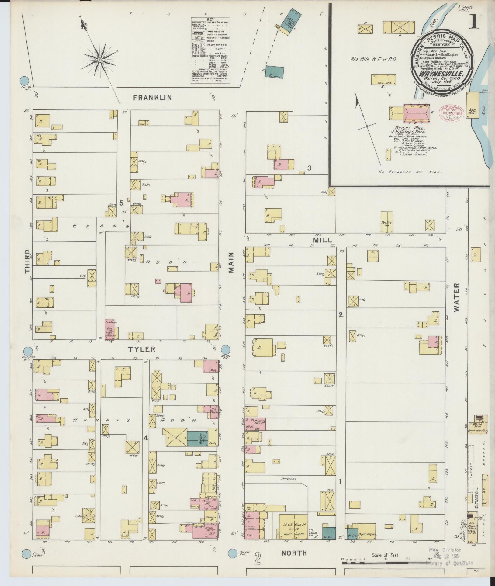Sanborn Fire Insurance Map from Waynesville, Warren County, Ohio (1895), Sheet #0001 - Historic Sanborn Fire Insurance Map Print, vintage old map wall art, antique decor, genealogy gift, Ohio Ohio map