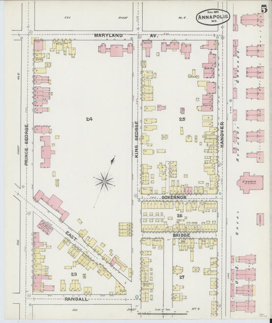Sanborn Fire Insurance Map from Annapolis, Anne Arundel County, Maryland (1891), Sheet #0005 - Historic Sanborn Fire Insurance Map Print, vintage old map wall art, antique decor, genealogy gift, Maryland Maryland map
