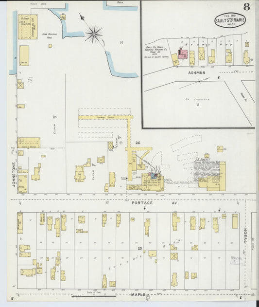 Sanborn Fire Insurance Map from Sault Sainte Marie, Chippewa County, Michigan (1895), Sheet #0008 - Historic Sanborn Fire Insurance Map Print, vintage old map wall art, antique decor, genealogy gift, Michigan Michigan map