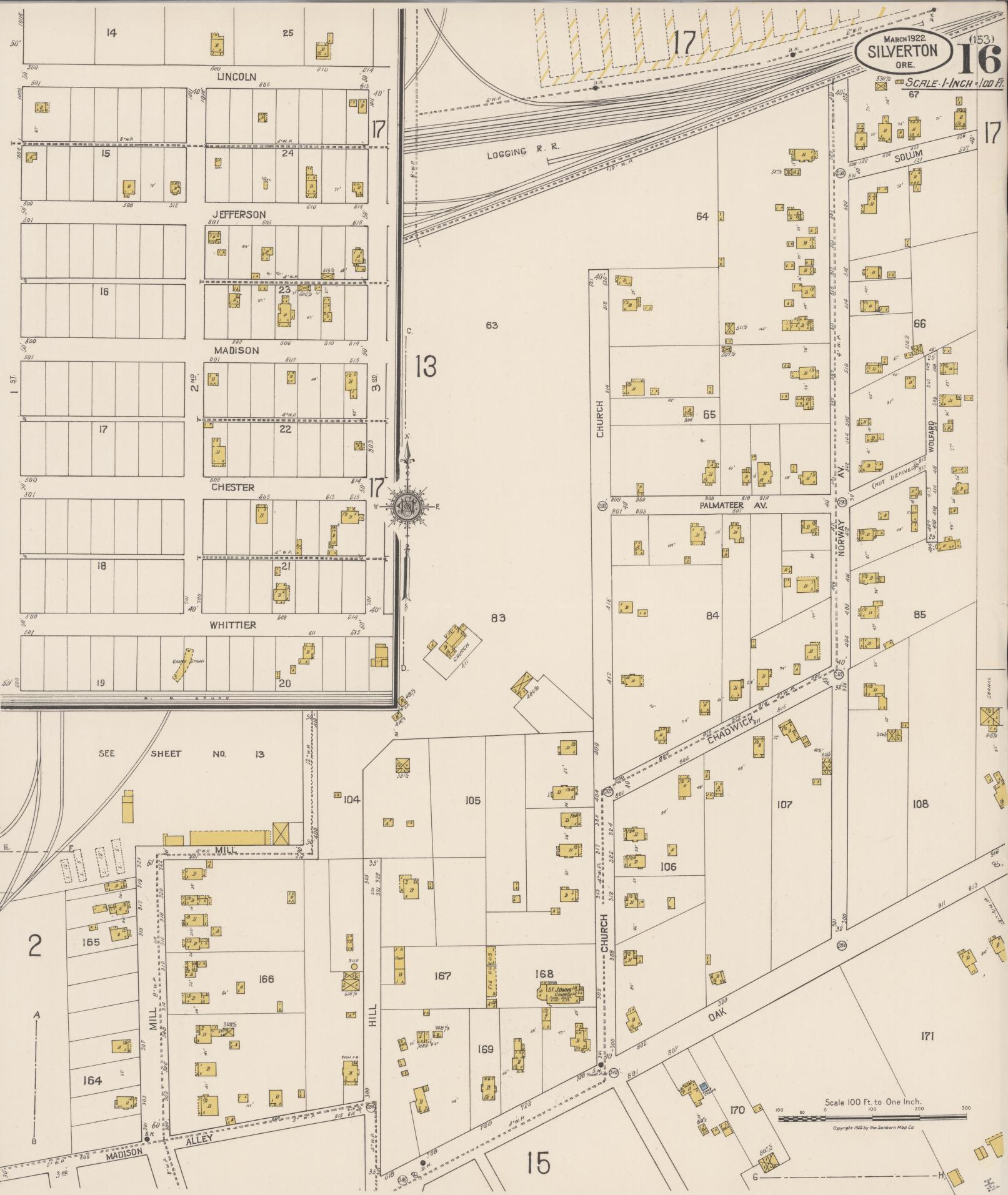 Sanborn Fire Insurance Map from Silverton, Marion County, Oregon (1922), Sheet #0016 - Historic Sanborn Fire Insurance Map Print, vintage old map wall art, antique decor, genealogy gift, Oregon Oregon map