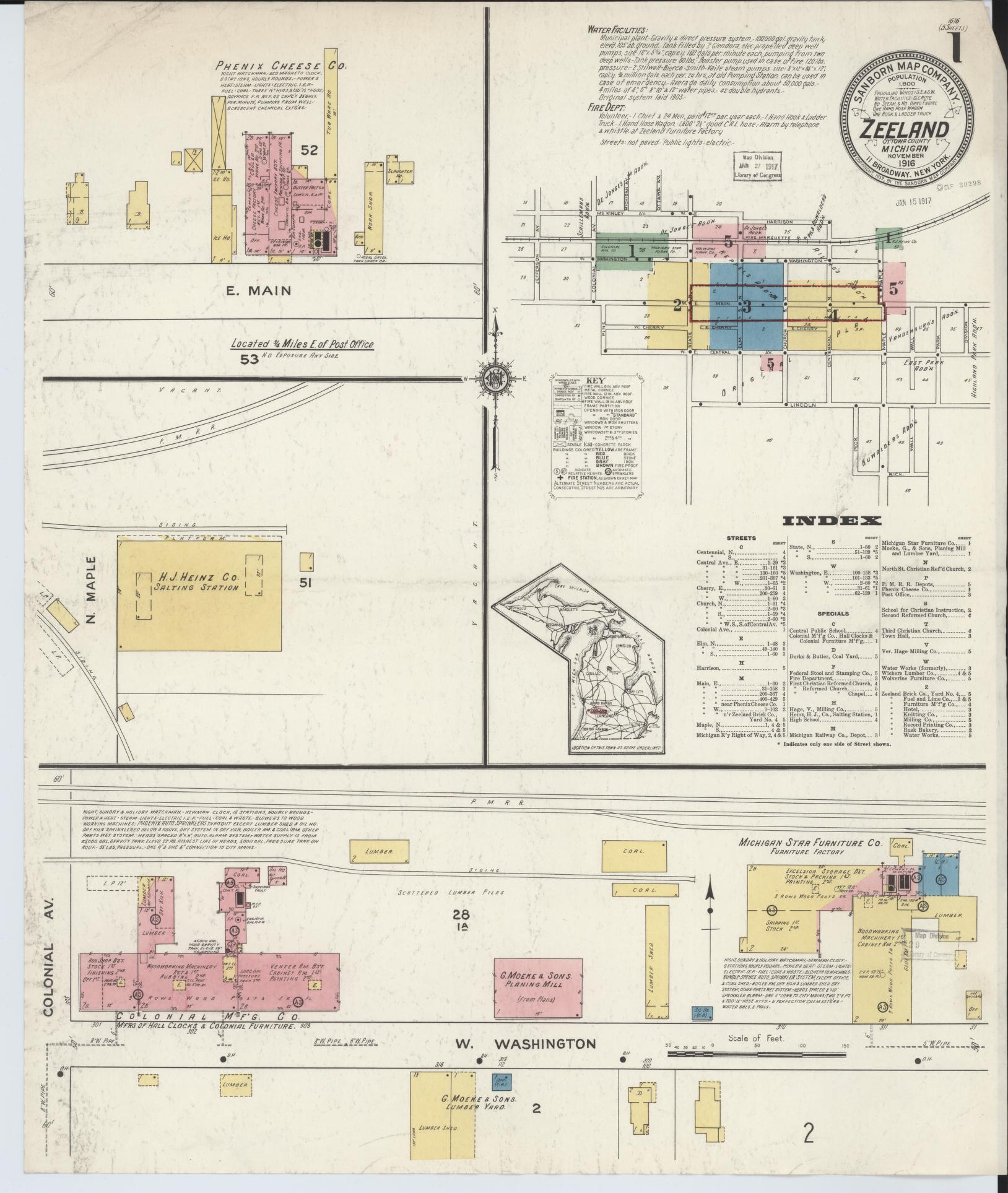 Sanborn Fire Insurance Map from Zeeland, Ottawa County, Michigan (1916), Sheet #0001 - Historic Sanborn Fire Insurance Map Print, vintage old map wall art, antique decor, genealogy gift, Michigan Michigan map
