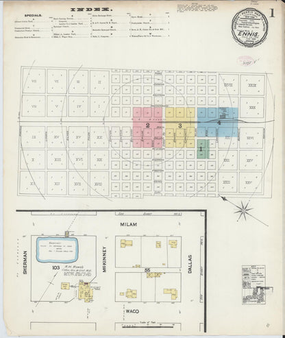 Sanborn Fire Insurance Map from Ennis, Ellis County, Texas (1890), Sheet #0001 - Complete Map Set gallery image, historic Sanborn map, vintage wall art, Texas Texas