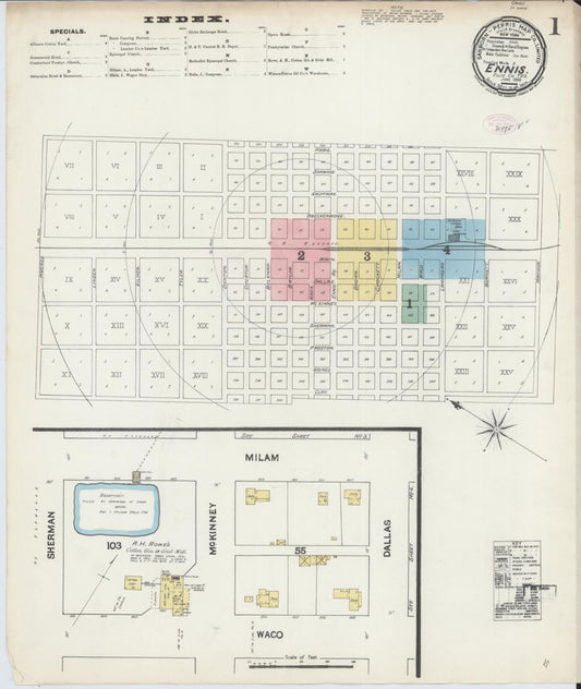 Sanborn Fire Insurance Map from Ennis, Ellis County, Texas (1890), Sheet #0001 - Complete Map Set gallery image, historic Sanborn map, vintage wall art, Texas Texas