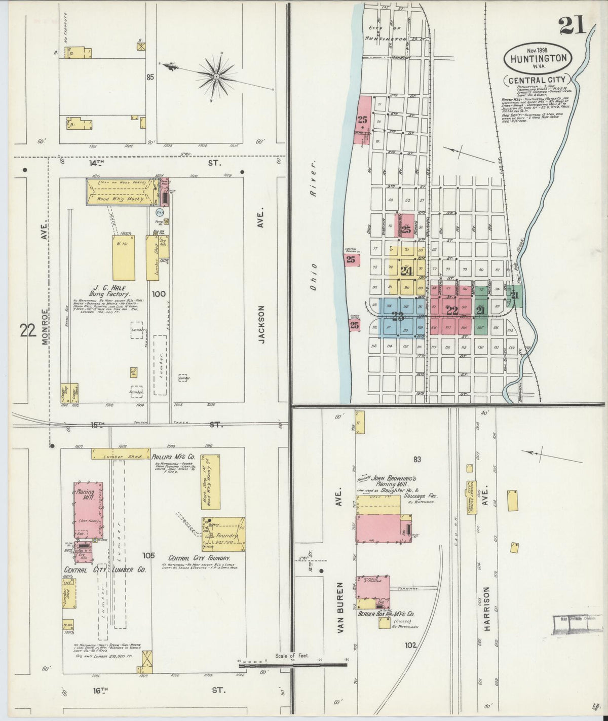 Sanborn Fire Insurance Map from Huntington, Cabell County, West Virginia (1898), Sheet #0021 - Historic Sanborn Fire Insurance Map Print, vintage old map wall art, antique decor, genealogy gift, West Virginia West Virginia map