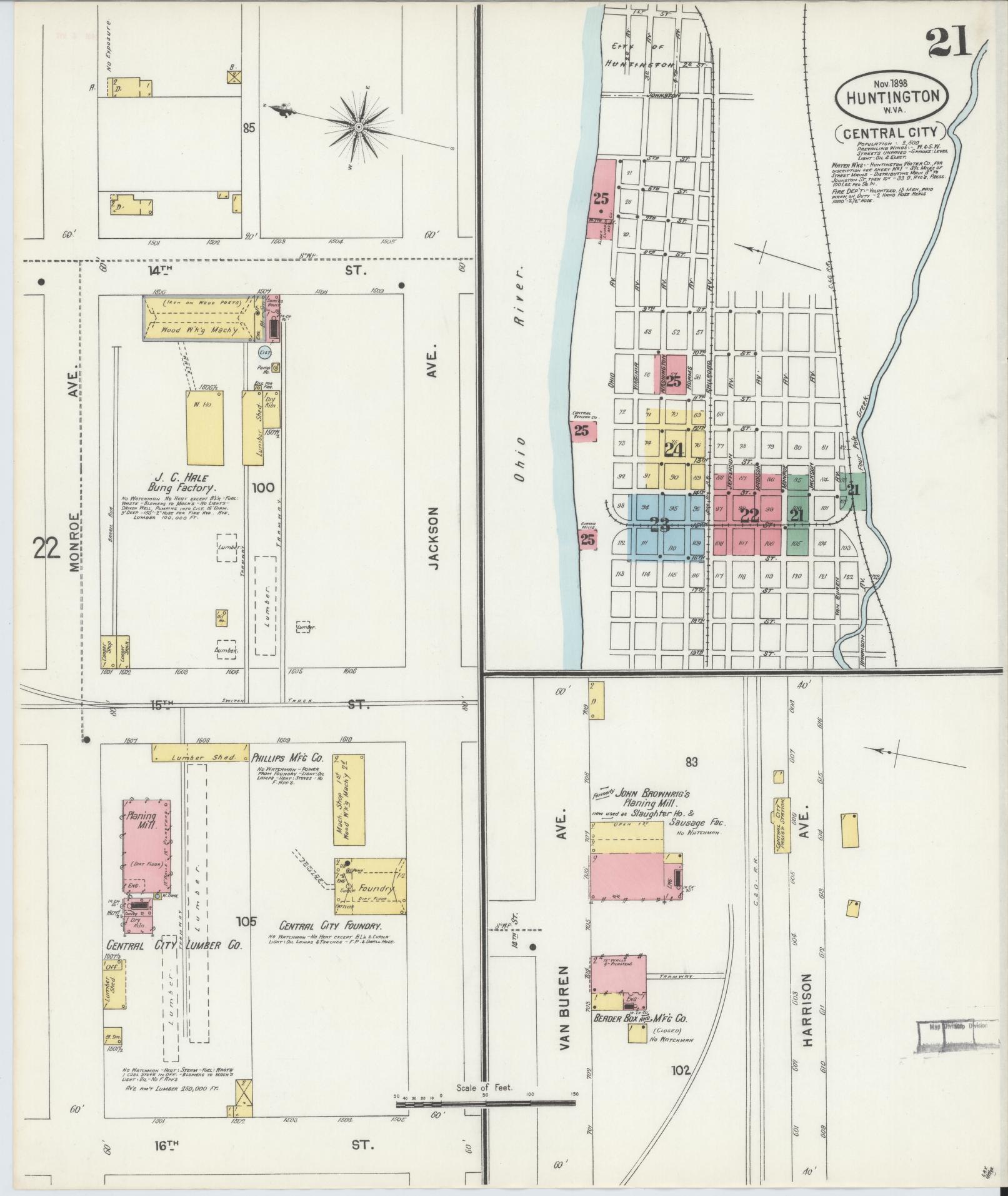 Sanborn Fire Insurance Map from Huntington, Cabell County, West Virginia (1898), Sheet #0021 - Historic Sanborn Fire Insurance Map Print, vintage old map wall art, antique decor, genealogy gift, West Virginia West Virginia map