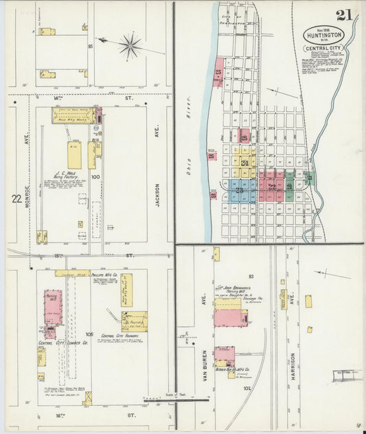 Sanborn Fire Insurance Map from Huntington, Cabell County, West Virginia (1898), Sheet #0021 - Historic Sanborn Fire Insurance Map Print, vintage old map wall art, antique decor, genealogy gift, West Virginia West Virginia map
