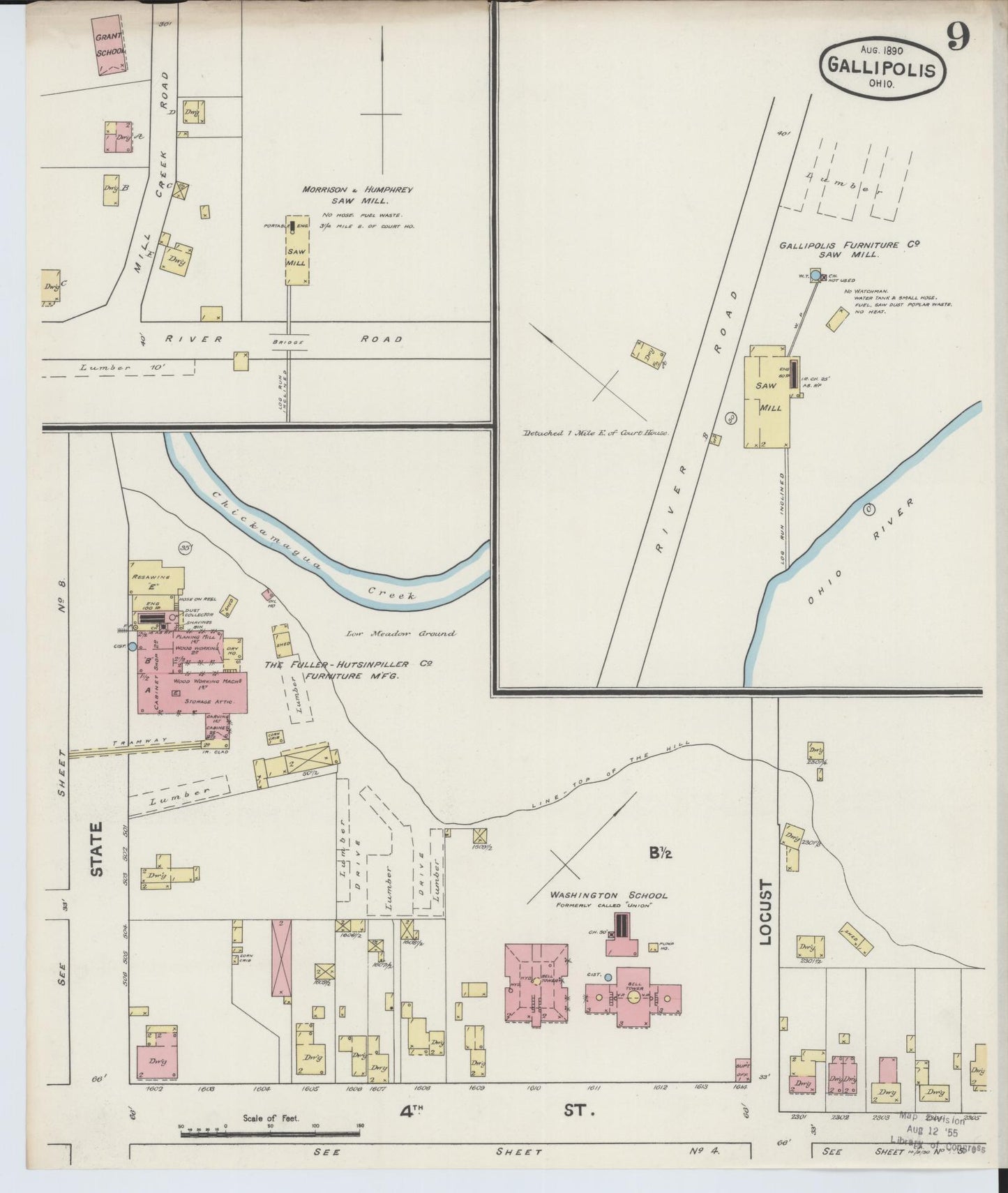 Sanborn Fire Insurance Map from Gallipolis, Gallia County, Ohio (1890), Sheet #0009 - Historic Sanborn Fire Insurance Map Print, vintage old map wall art, antique decor, genealogy gift, Ohio Ohio map