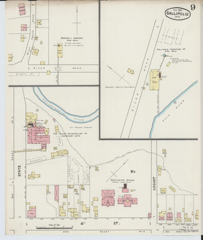 Sanborn Fire Insurance Map from Gallipolis, Gallia County, Ohio (1890), Sheet #0009 - Historic Sanborn Fire Insurance Map Print, vintage old map wall art, antique decor, genealogy gift, Ohio Ohio map