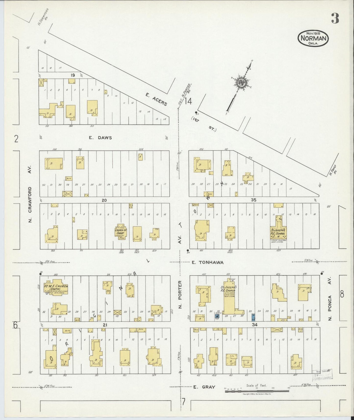 Sanborn Fire Insurance Map from Norman, Cleveland County, Oklahoma (1918), Sheet #0003 - Complete Map Set gallery image, historic Sanborn map, vintage wall art, Oklahoma Oklahoma