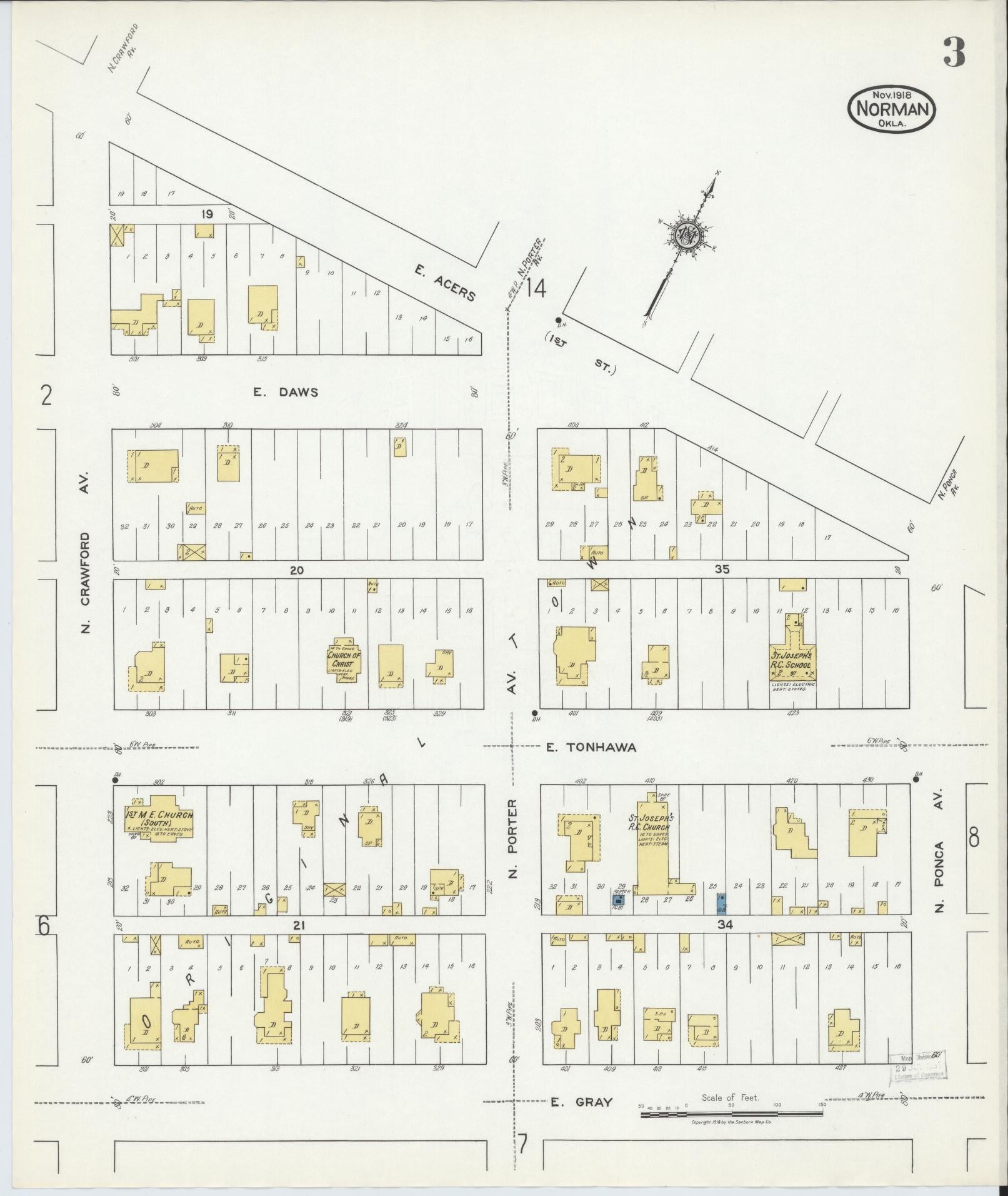 Sanborn Fire Insurance Map from Norman, Cleveland County, Oklahoma (1918), Sheet #0003 - Complete Map Set gallery image, historic Sanborn map, vintage wall art, Oklahoma Oklahoma