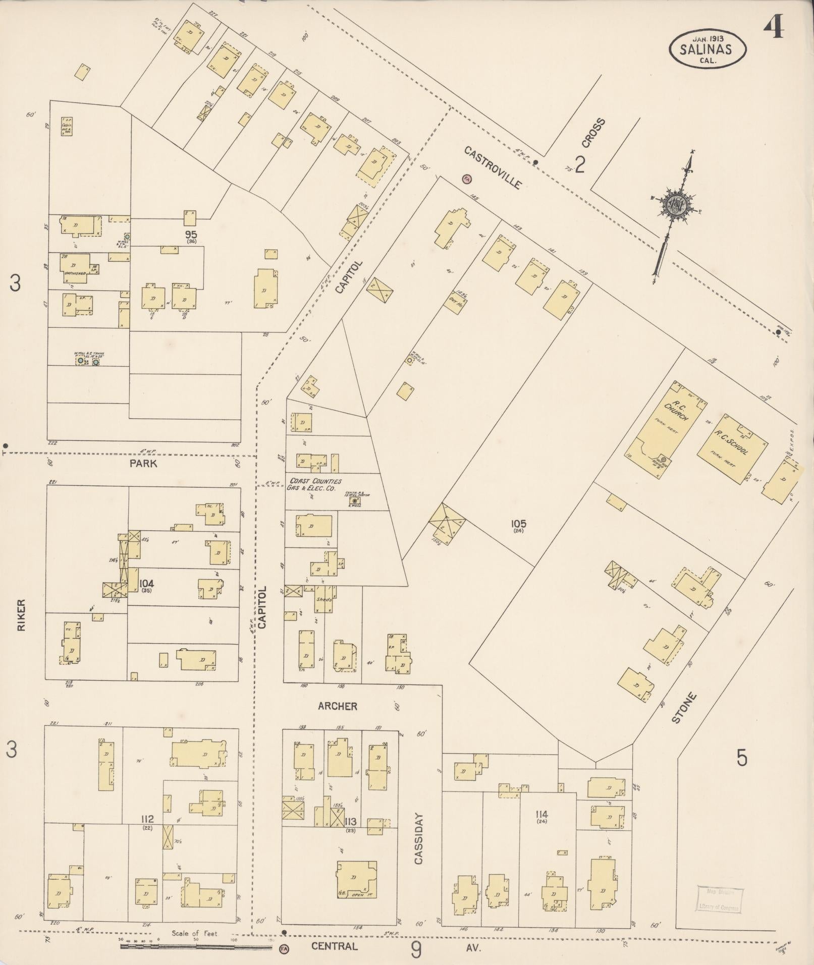 Sanborn Fire Insurance Map from Salinas, Monterey County, California (1913), Sheet #0004 - Complete Map Set gallery image, historic Sanborn map, vintage wall art, California California