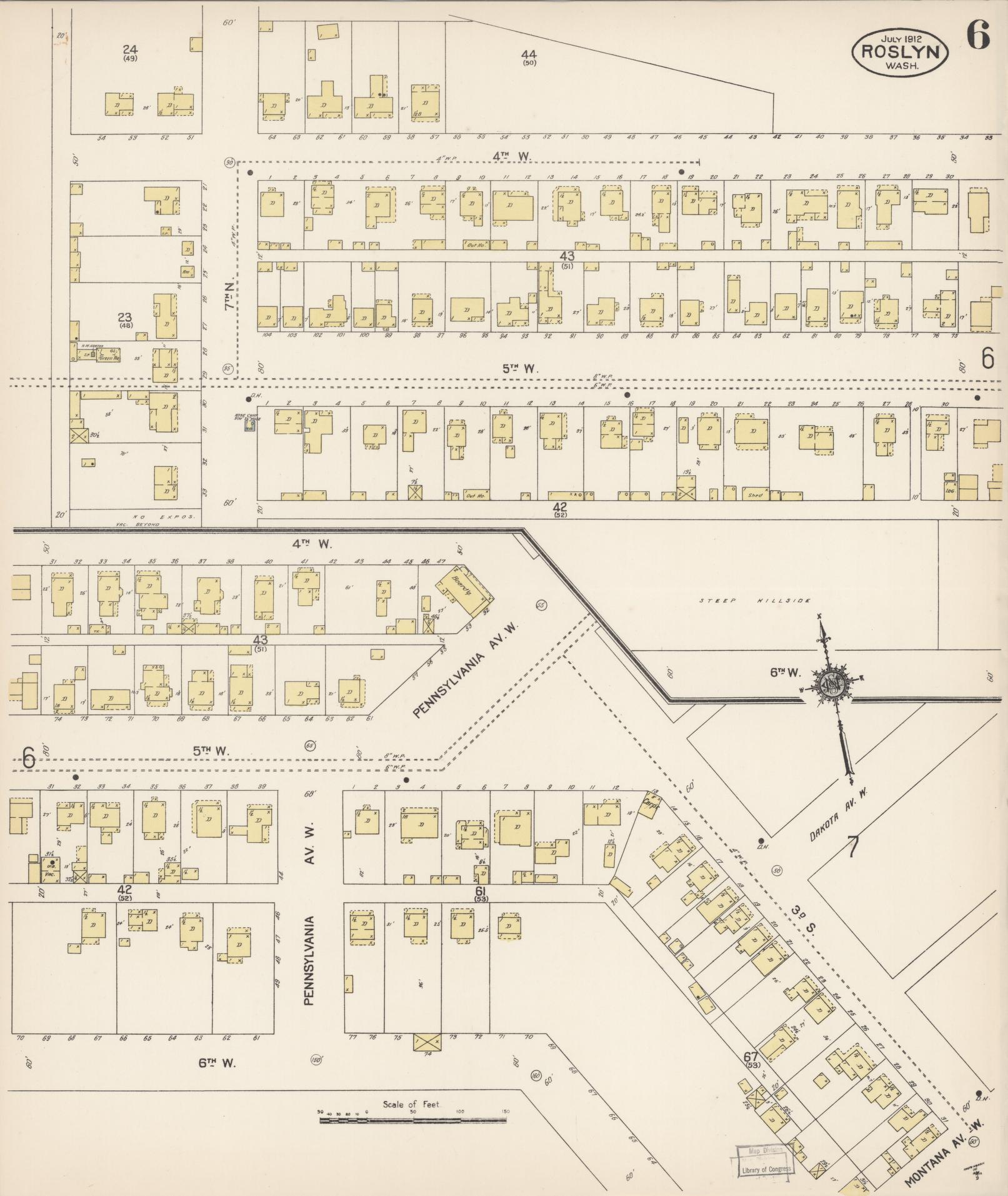 Sanborn Fire Insurance Map from Roslyn, Kittitas County, Washington (1912), Sheet #0006 - Historic Sanborn Fire Insurance Map Print, vintage old map wall art, antique decor, genealogy gift, Washington Washington map