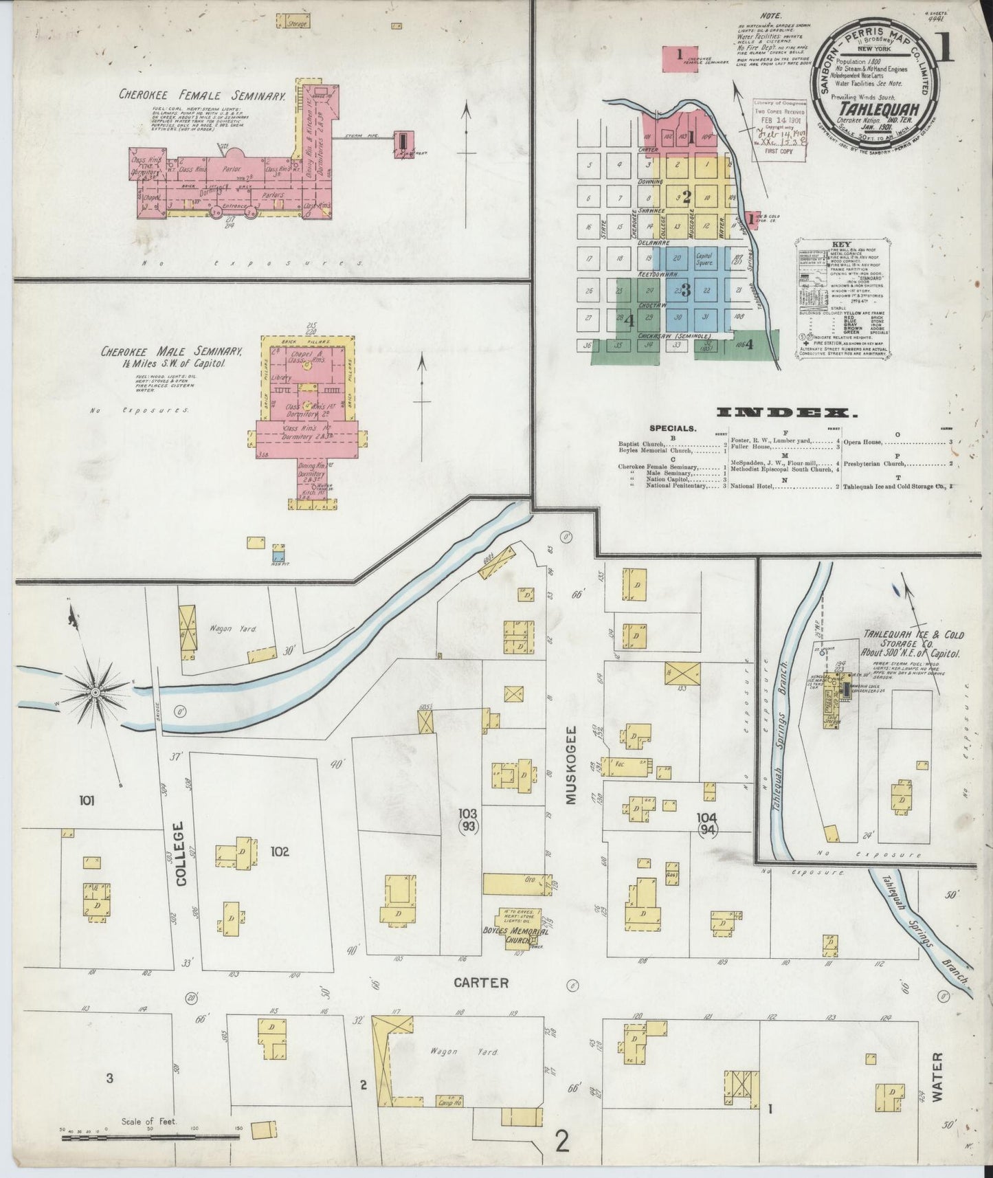 Sanborn Fire Insurance Map from Tahlequah, Cherokee County, Oklahoma (1901), Sheet #0001 - Historic Sanborn Fire Insurance Map Print, vintage old map wall art, antique decor, genealogy gift, Oklahoma Oklahoma map