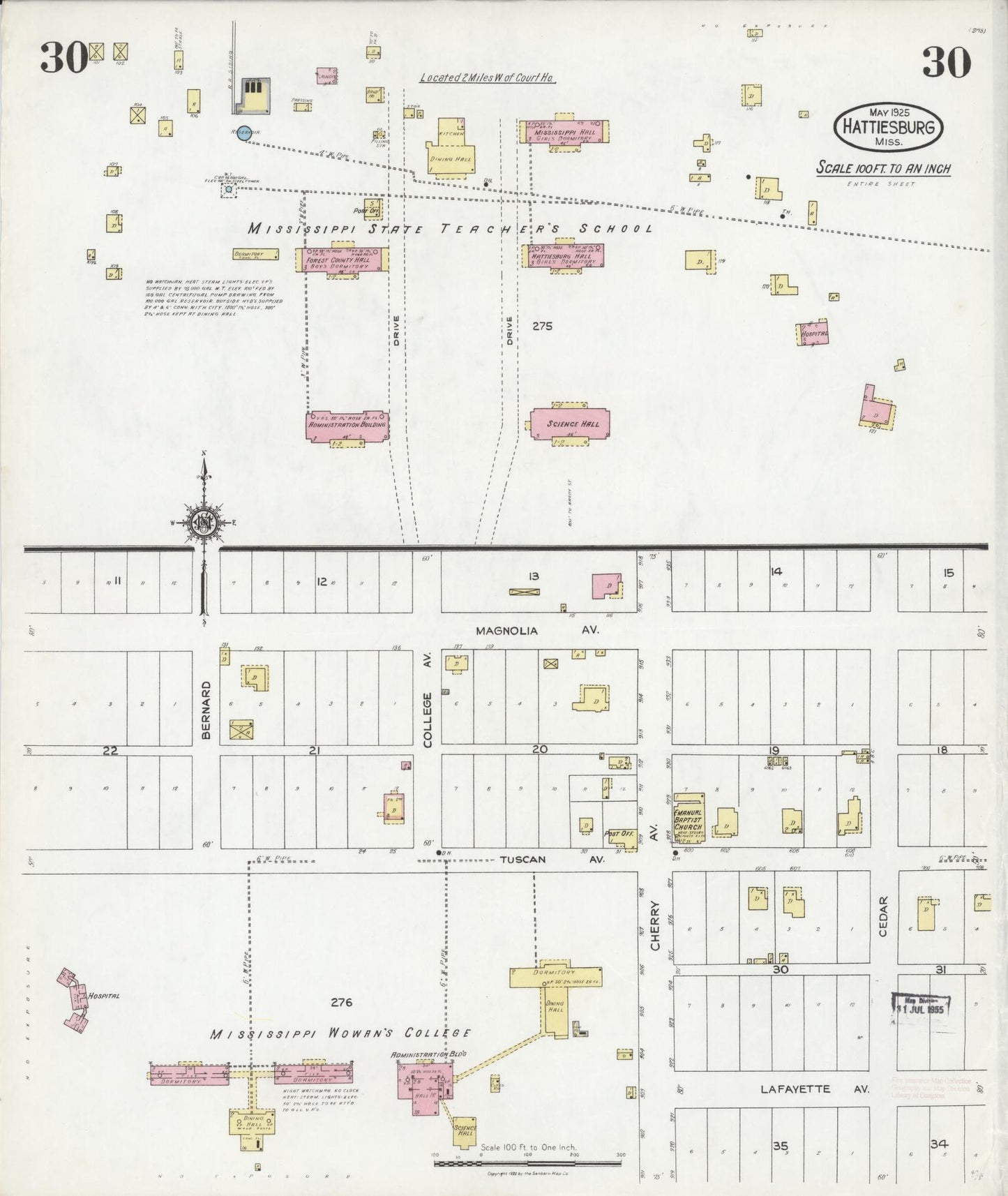 Sanborn Fire Insurance Map from Hattiesburg, Forrest County, Mississippi (1925), Sheet #0030 - Historic Sanborn Fire Insurance Map Print, vintage old map wall art, antique decor, genealogy gift, Mississippi Mississippi map