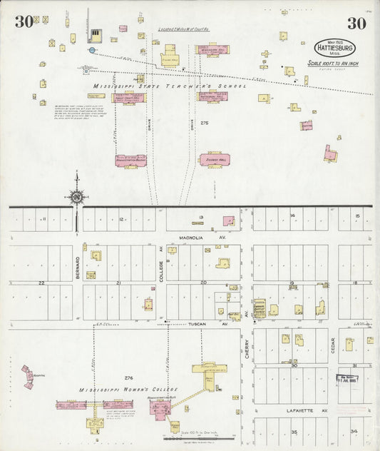 Sanborn Fire Insurance Map from Hattiesburg, Forrest County, Mississippi (1925), Sheet #0030 - Historic Sanborn Fire Insurance Map Print, vintage old map wall art, antique decor, genealogy gift, Mississippi Mississippi map