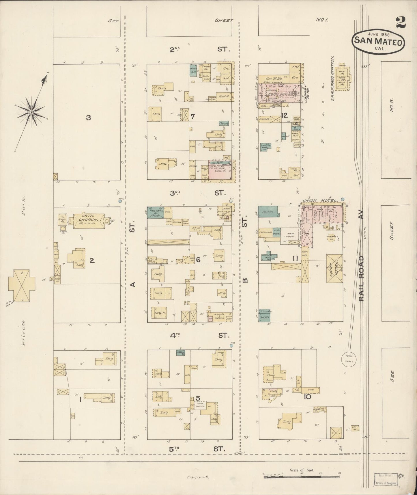 Sanborn Fire Insurance Map from San Mateo, San Mateo County, California (1888), Sheet #0002 - Complete Map Set gallery image, historic Sanborn map, vintage wall art, California California
