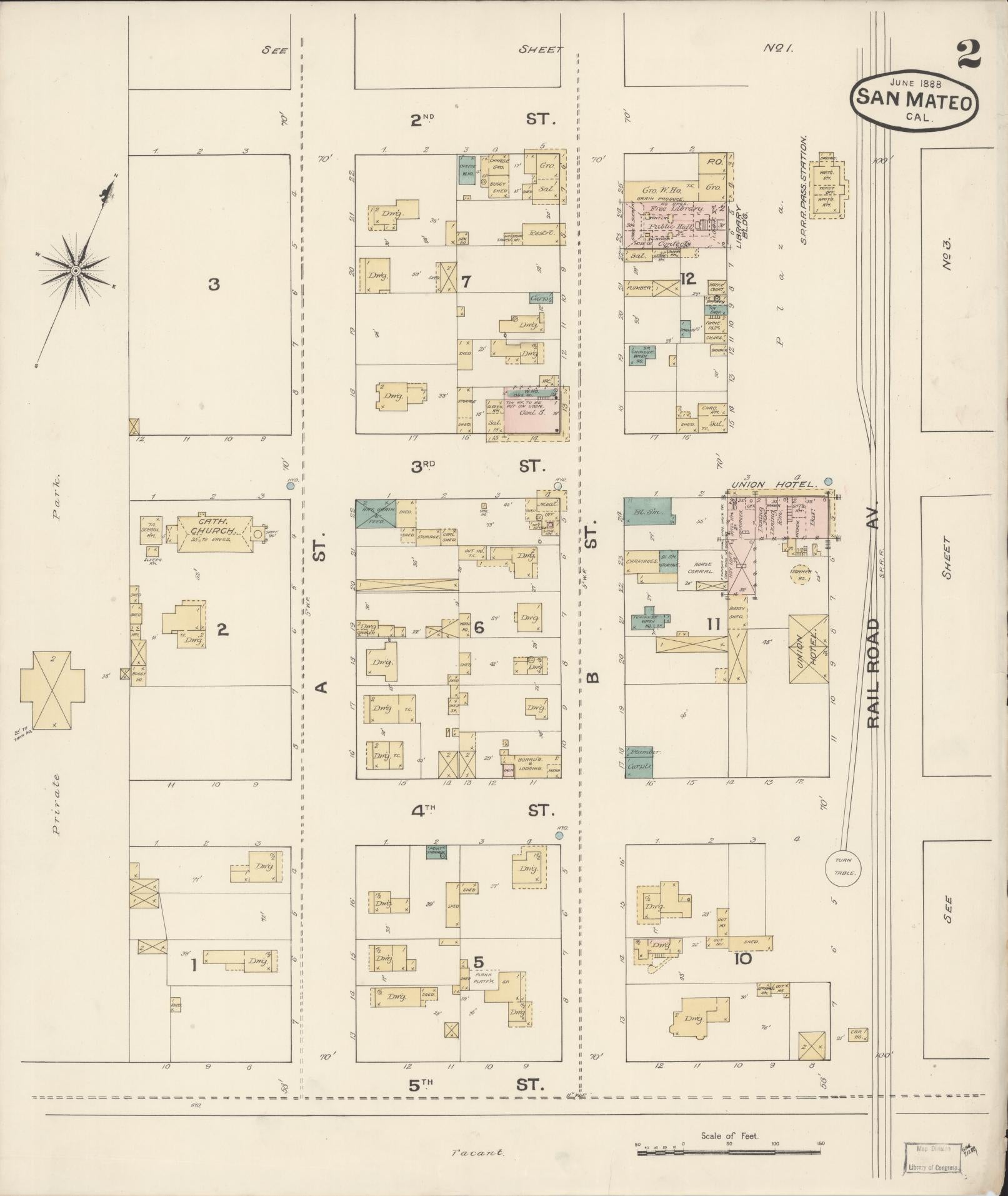 Sanborn Fire Insurance Map from San Mateo, San Mateo County, California (1888), Sheet #0002 - Complete Map Set gallery image, historic Sanborn map, vintage wall art, California California