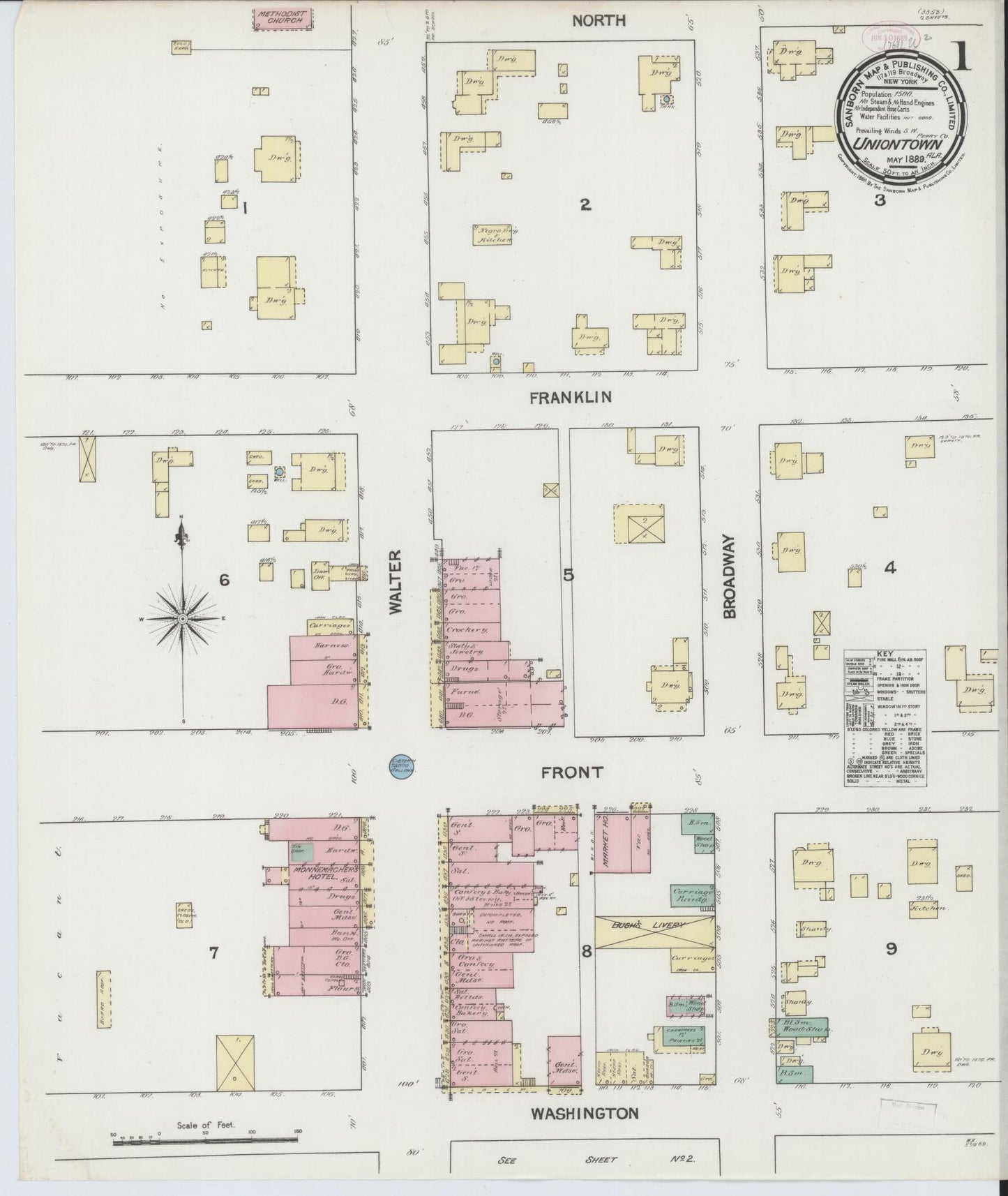 Sanborn Fire Insurance Map from Uniontown, Perry County, Alabama (1889), Sheet #0001 - Complete Map Set gallery image, historic Sanborn map, vintage wall art, Alabama Alabama