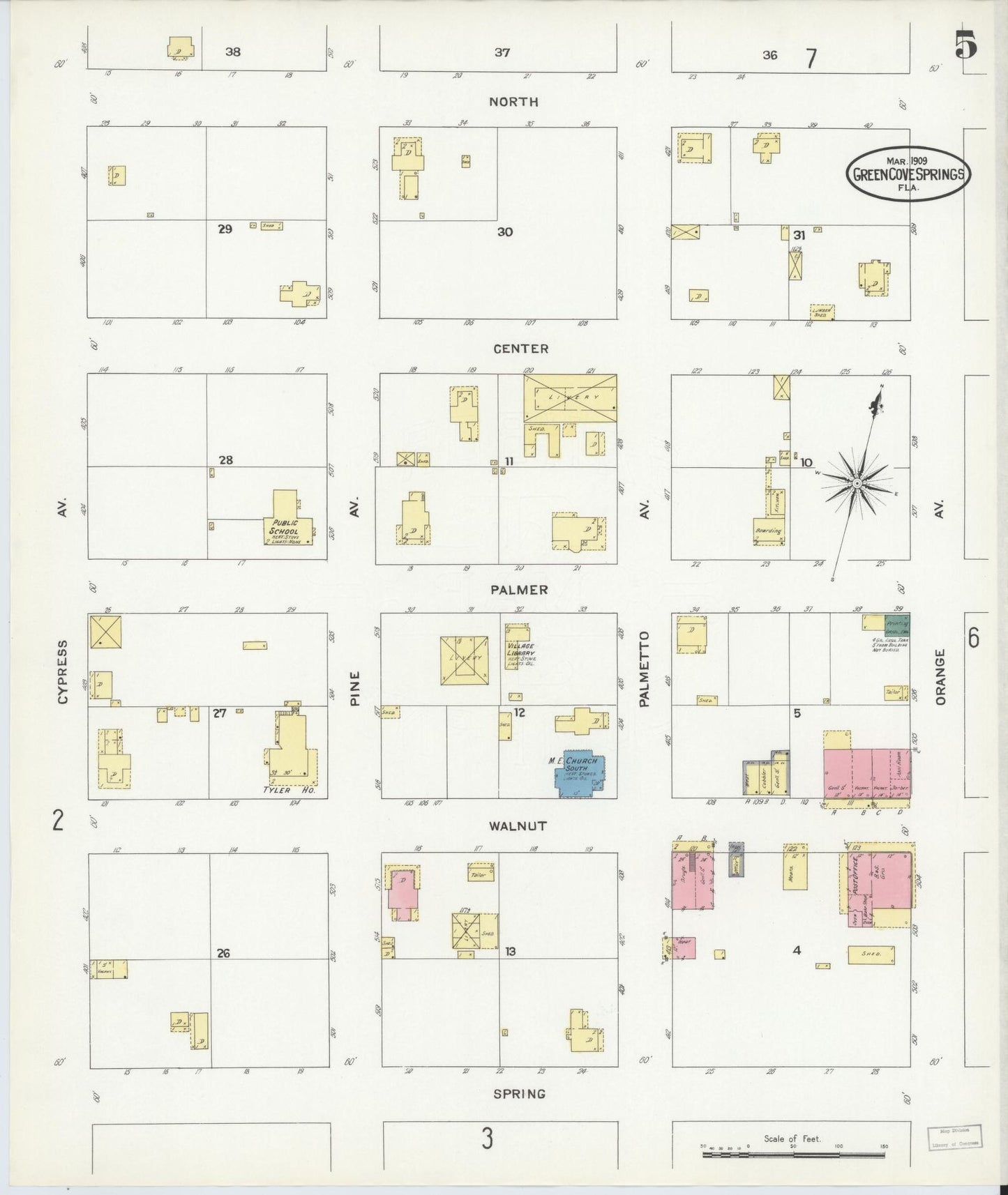 Sanborn Fire Insurance Map from Green Cove Springs, Clay County, Florida (1909), Sheet #0005 - Complete Map Set gallery image, historic Sanborn map, vintage wall art, Florida Florida
