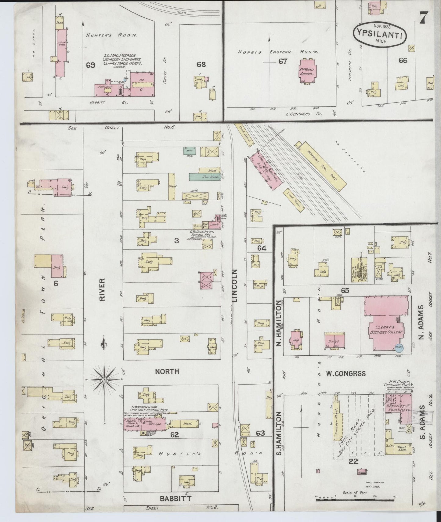 Sanborn Fire Insurance Map from Ypsilanti, Washtenaw County, Michigan (1888), Sheet #0007 - Complete Map Set gallery image, historic Sanborn map, vintage wall art, Michigan Michigan
