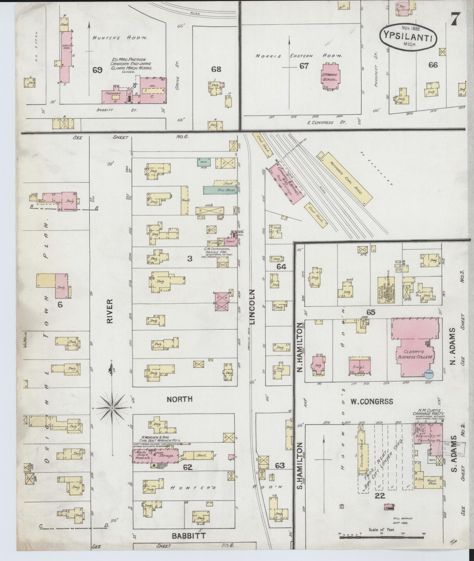 Sanborn Fire Insurance Map from Ypsilanti, Washtenaw County, Michigan (1888), Sheet #0007 - Complete Map Set gallery image, historic Sanborn map, vintage wall art, Michigan Michigan