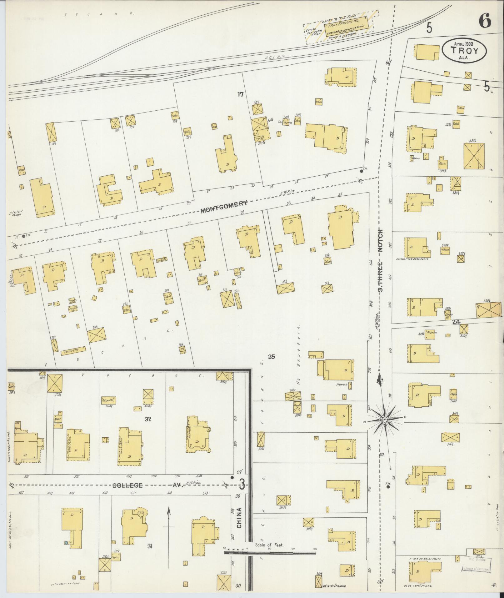 Sanborn Fire Insurance Map from Troy, Pike County, Alabama (1903), Sheet #0006 - Historic Sanborn Fire Insurance Map Print, vintage old map wall art, antique decor, genealogy gift, Alabama Alabama map