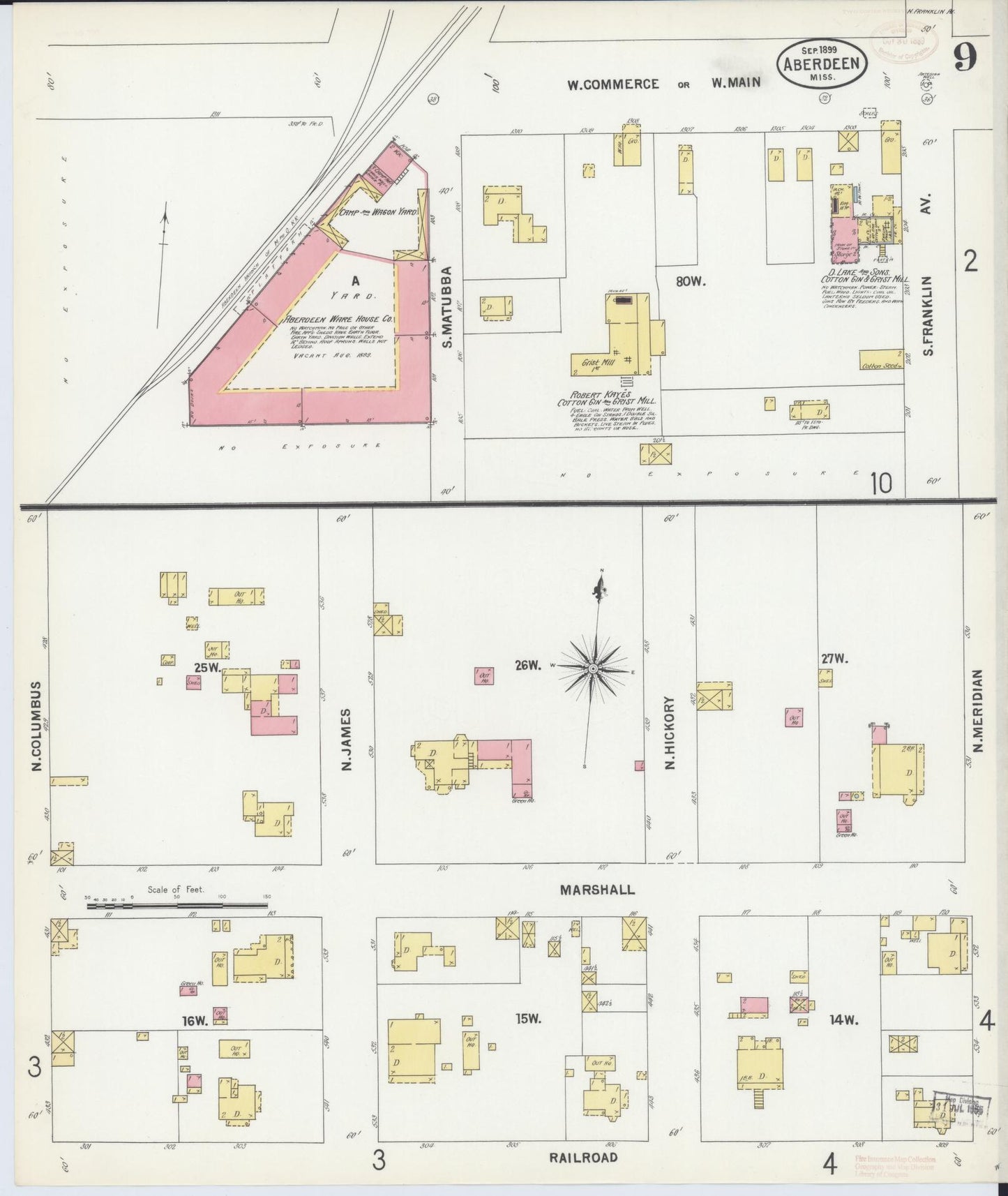 Sanborn Fire Insurance Map from Aberdeen, Monroe County, Mississippi (1899), Sheet #0009 - Historic Sanborn Fire Insurance Map Print, vintage old map wall art, antique decor, genealogy gift, Mississippi Mississippi map