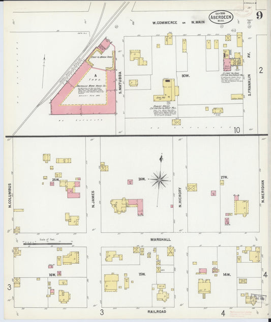 Sanborn Fire Insurance Map from Aberdeen, Monroe County, Mississippi (1899), Sheet #0009 - Historic Sanborn Fire Insurance Map Print, vintage old map wall art, antique decor, genealogy gift, Mississippi Mississippi map