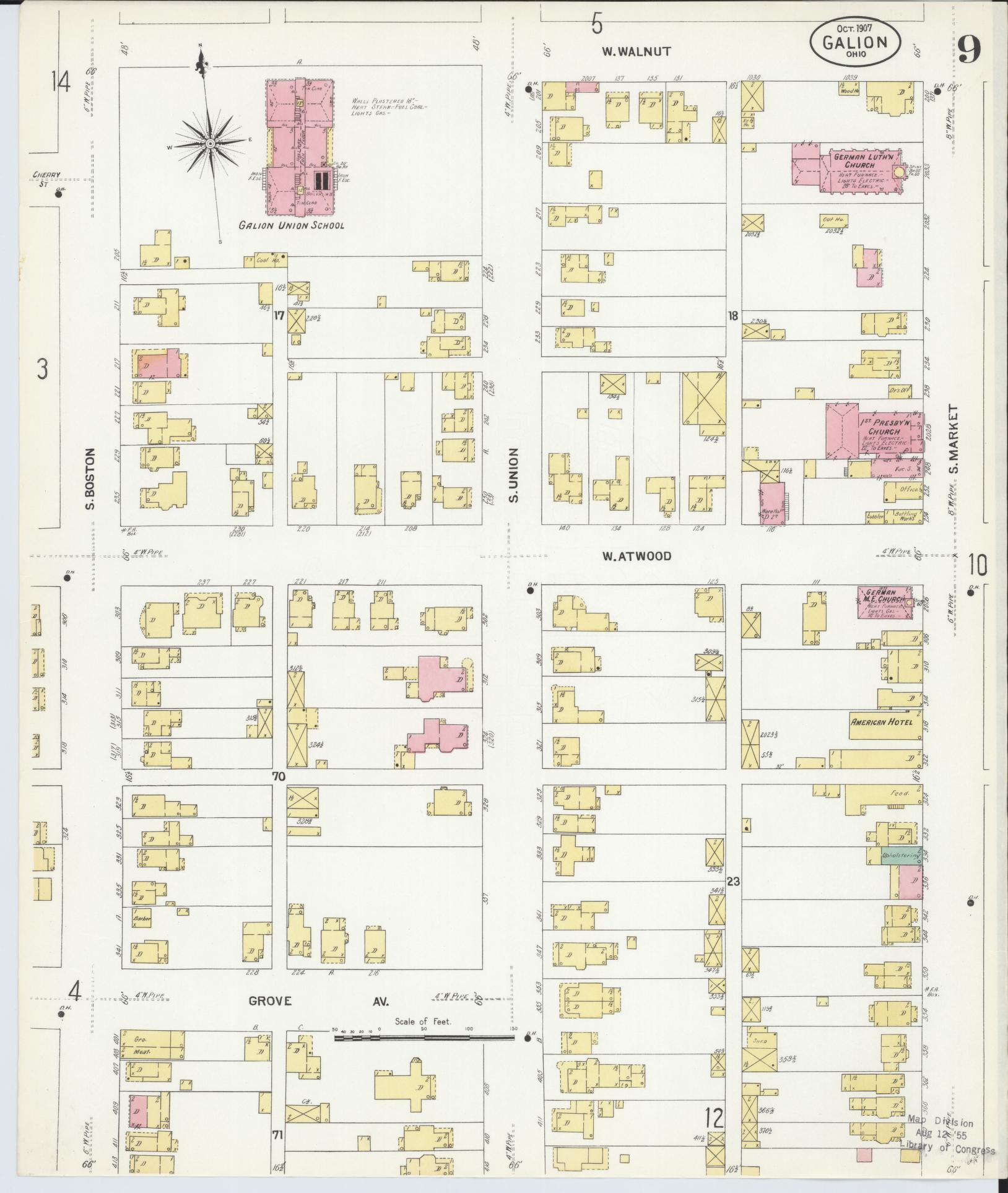 Sanborn Fire Insurance Map from Galion, Crawford County, Ohio (1907), Sheet #0009 - Complete Map Set gallery image, historic Sanborn map, vintage wall art, Ohio Ohio