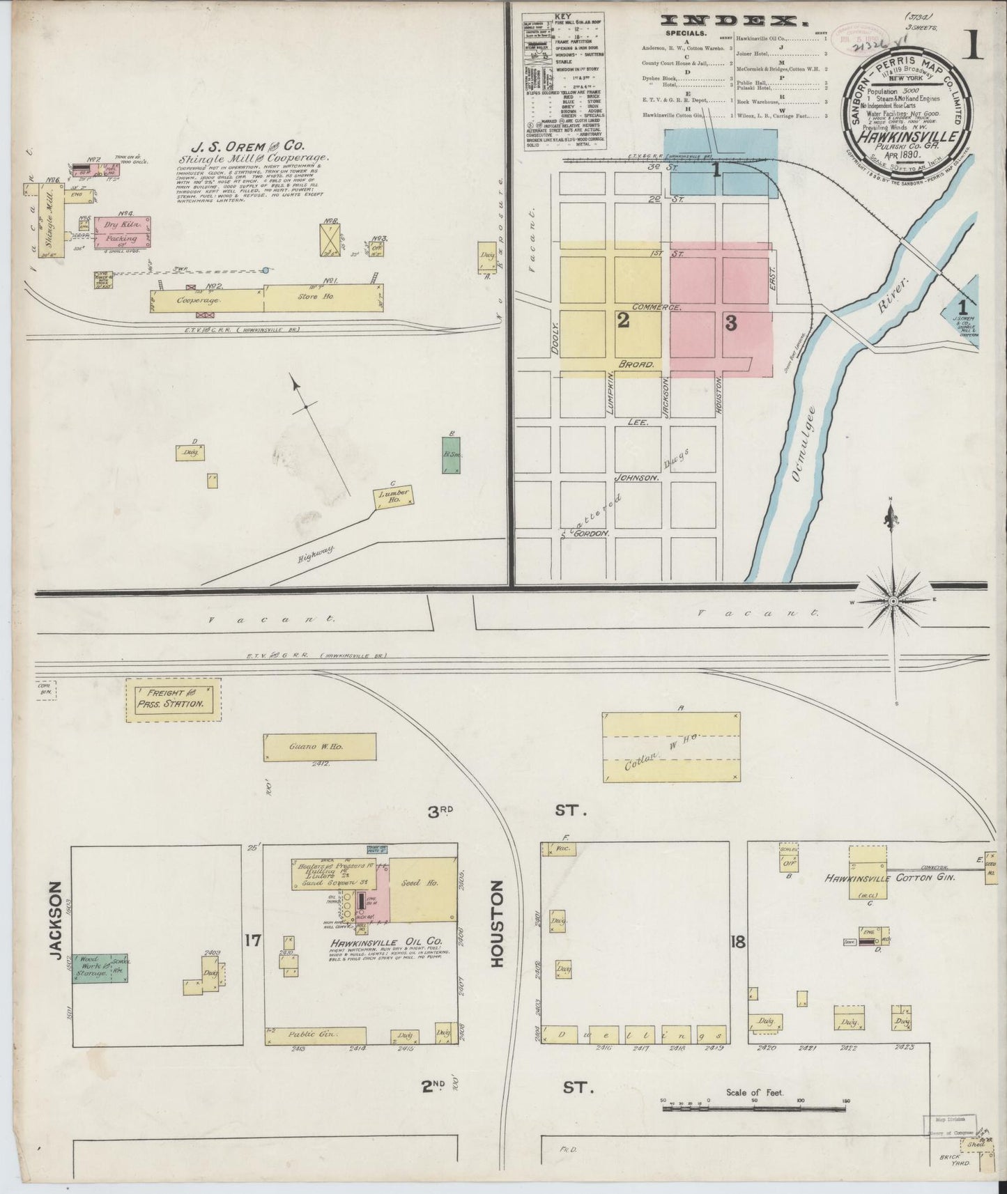 Sanborn Fire Insurance Map from Hawkinsville, Pulaski County, Georgia (1890), Sheet #0001 - Historic Sanborn Fire Insurance Map Print, vintage old map wall art, antique decor, genealogy gift, Georgia Georgia map