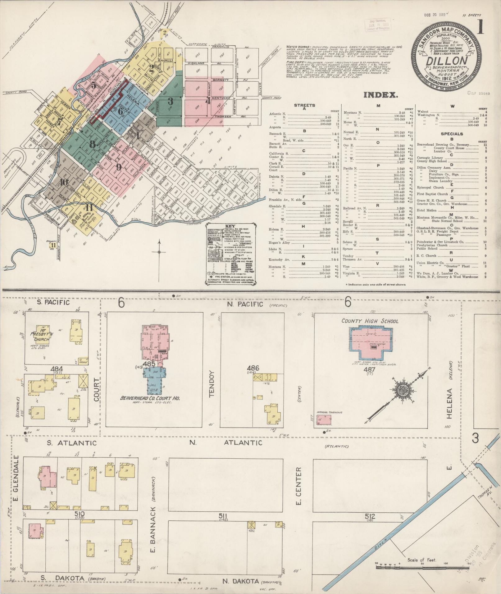 Sanborn Fire Insurance Map from Dillon, Beaverhead County, Montana (1912), Sheet #0001 - Historic Sanborn Fire Insurance Map Print, vintage old map wall art, antique decor, genealogy gift, Montana Montana map