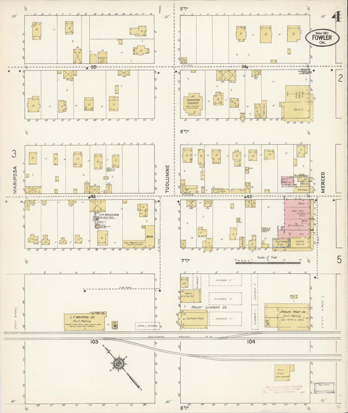 Sanborn Fire Insurance Map from Fowler, Fresno County, California (1911), Sheet #0004 - Complete Map Set gallery image, historic Sanborn map, vintage wall art, California California