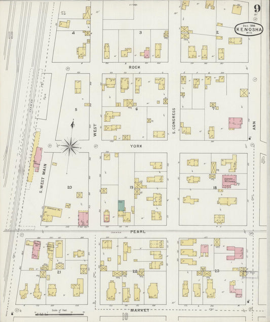 Sanborn Fire Insurance Map from Kenosha, Kenosha County, Wisconsin (1894), Sheet #0009 - Historic Sanborn Fire Insurance Map Print, vintage old map wall art, antique decor, genealogy gift, Wisconsin Wisconsin map