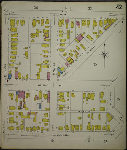 Sanborn Fire Insurance Map from Madison, Dane County, Wisconsin (1908), Sheet #0042 - Historic Sanborn Fire Insurance Map Print, vintage old map wall art, antique decor, genealogy gift, Wisconsin Wisconsin map