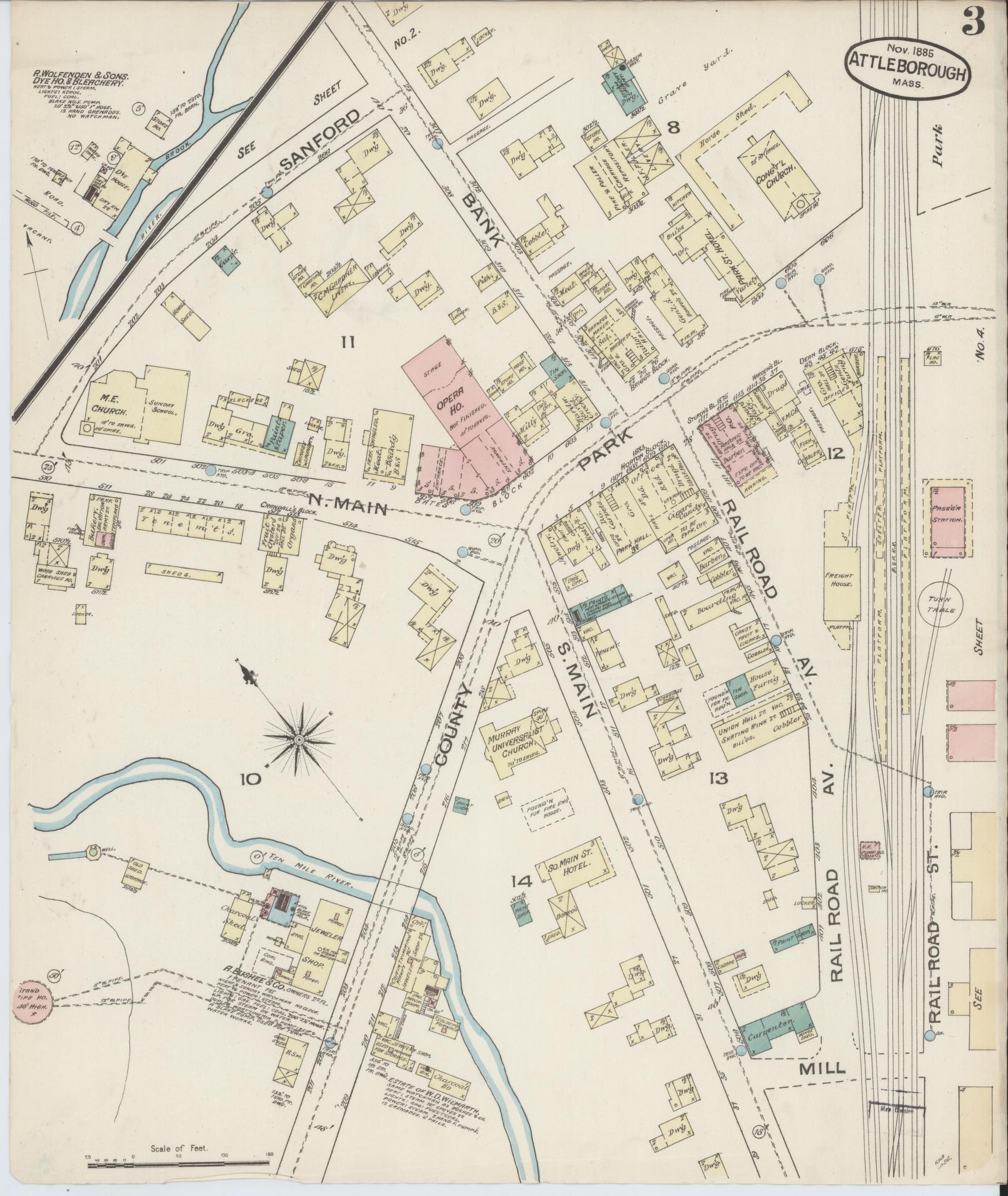 Sanborn Fire Insurance Map from Attleboro, Bristol County, Massachusetts (1885), Sheet #0003 - Historic Sanborn Fire Insurance Map Print, vintage old map wall art, antique decor, genealogy gift, Massachusetts Massachusetts map