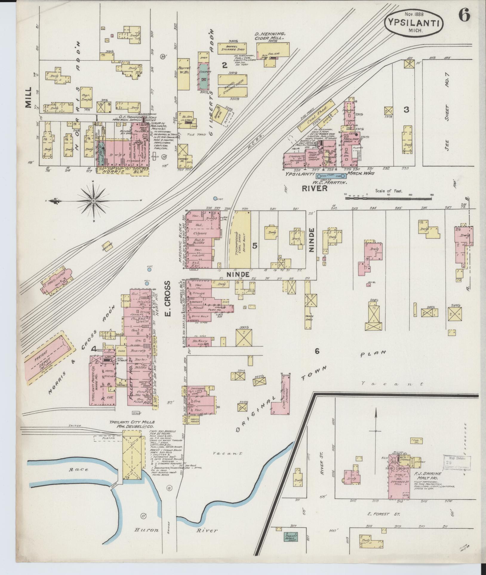 Sanborn Fire Insurance Map from Ypsilanti, Washtenaw County, Michigan (1888), Sheet #0006 - Complete Map Set gallery image, historic Sanborn map, vintage wall art, Michigan Michigan