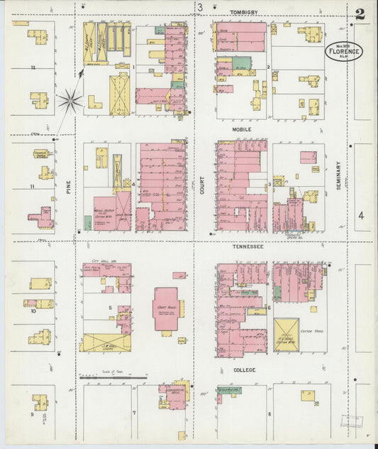 Sanborn Fire Insurance Map from Florence, Lauderdale County, Alabama (1899), Sheet #0002 - Historic Sanborn Fire Insurance Map Print, vintage old map wall art, antique decor, genealogy gift, Alabama Alabama map