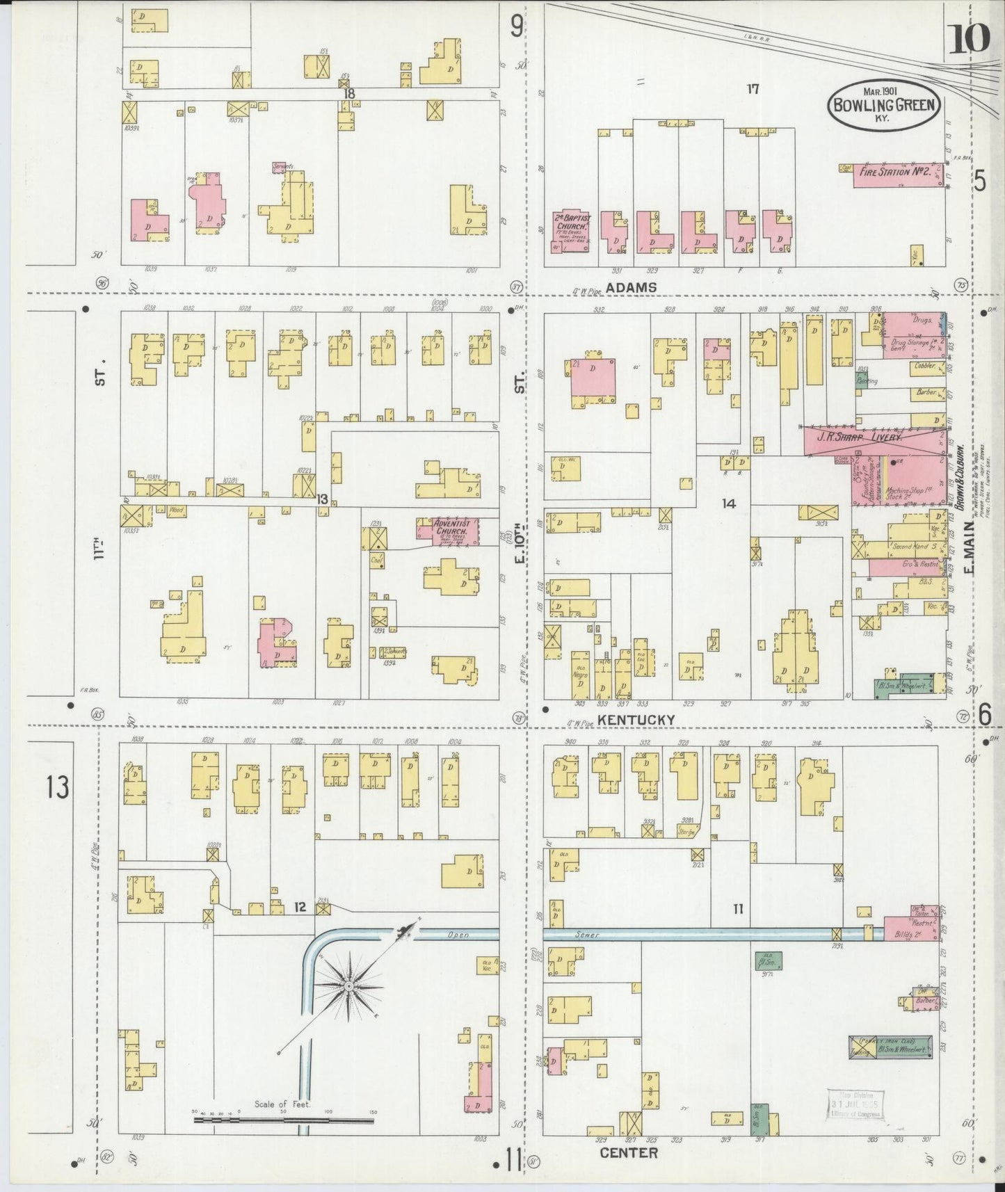 Sanborn Fire Insurance Map from Bowling Green, Warren County, Kentucky (1901), Sheet #0010 - Historic Sanborn Fire Insurance Map Print, vintage old map wall art, antique decor, genealogy gift, Kentucky Kentucky map