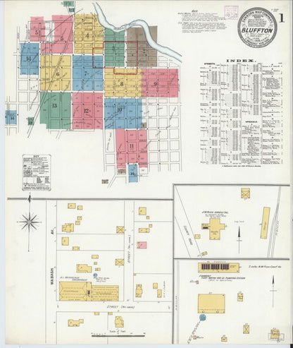 Sanborn Fire Insurance Map from Bluffton, Wells County, Indiana (1906), Sheet #0001 - Historic Sanborn Fire Insurance Map Print, vintage old map wall art, antique decor, genealogy gift, Indiana Indiana map