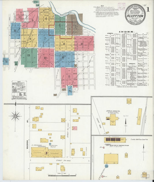 Sanborn Fire Insurance Map from Bluffton, Wells County, Indiana (1906), Sheet #0001 - Historic Sanborn Fire Insurance Map Print, vintage old map wall art, antique decor, genealogy gift, Indiana Indiana map