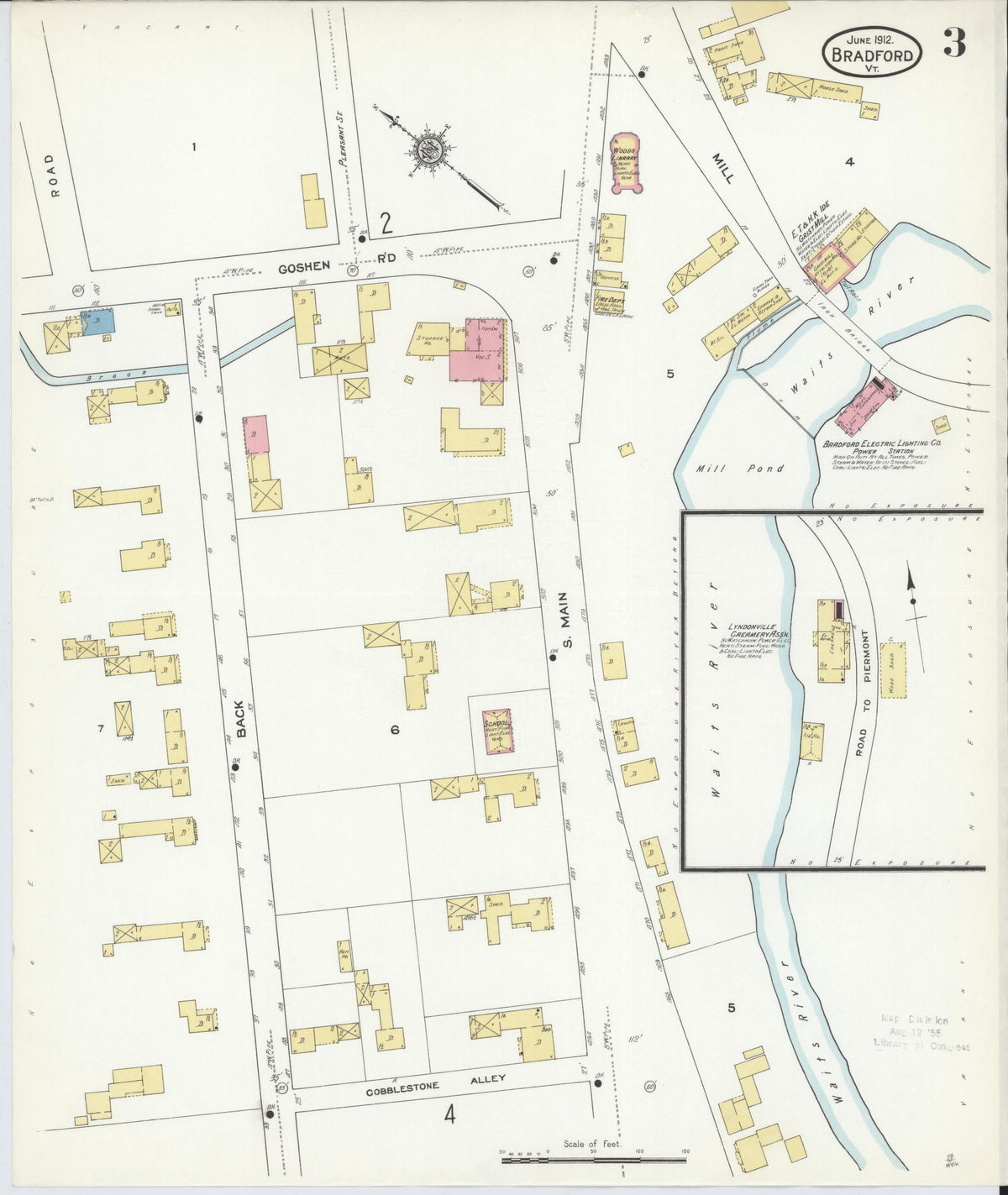 Sanborn Fire Insurance Map from Bradford, Orange County, Vermont (1912), Sheet #0003 - Historic Sanborn Fire Insurance Map Print, vintage old map wall art, antique decor, genealogy gift, Vermont Vermont map