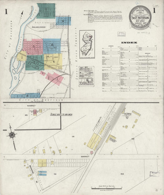 Sanborn Fire Insurance Map from East Paterson, Bergen County, New Jersey (1925), Sheet #0001 - Historic Sanborn Fire Insurance Map Print, vintage old map wall art, antique decor, genealogy gift, New Jersey New Jersey map