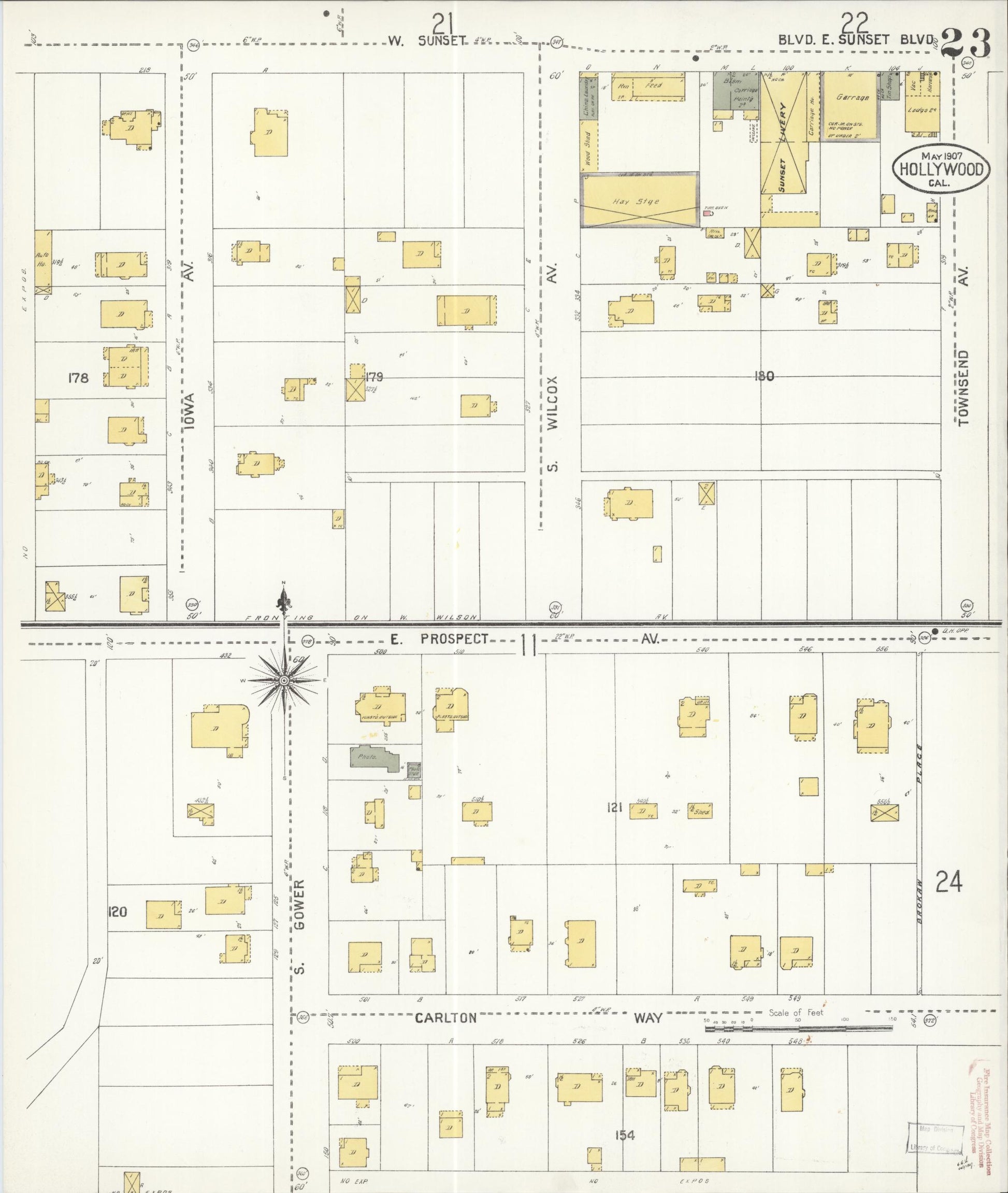 Sanborn Fire Insurance Map from Hollywood, Los Angeles County, California (1907), Sheet #0023 - Complete Map Set gallery image, historic Sanborn map, vintage wall art, California California