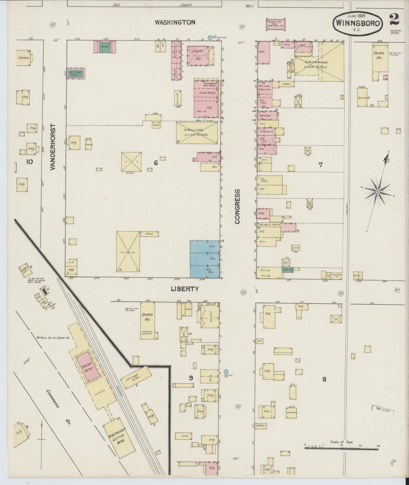 Sanborn Fire Insurance Map from Winnsboro, Fairfield County, South Carolina (1889), Sheet #0002 - Complete Map Set gallery image, historic Sanborn map, vintage wall art, South Carolina South Carolina
