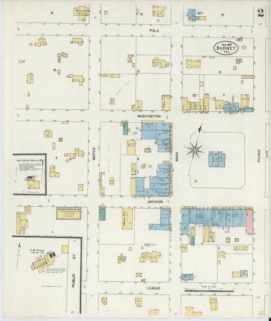 Sanborn Fire Insurance Map from Burnet, Burnet County, Texas (1907), Sheet #0002 - Historic Sanborn Fire Insurance Map Print, vintage old map wall art, antique decor, genealogy gift, Texas Texas map