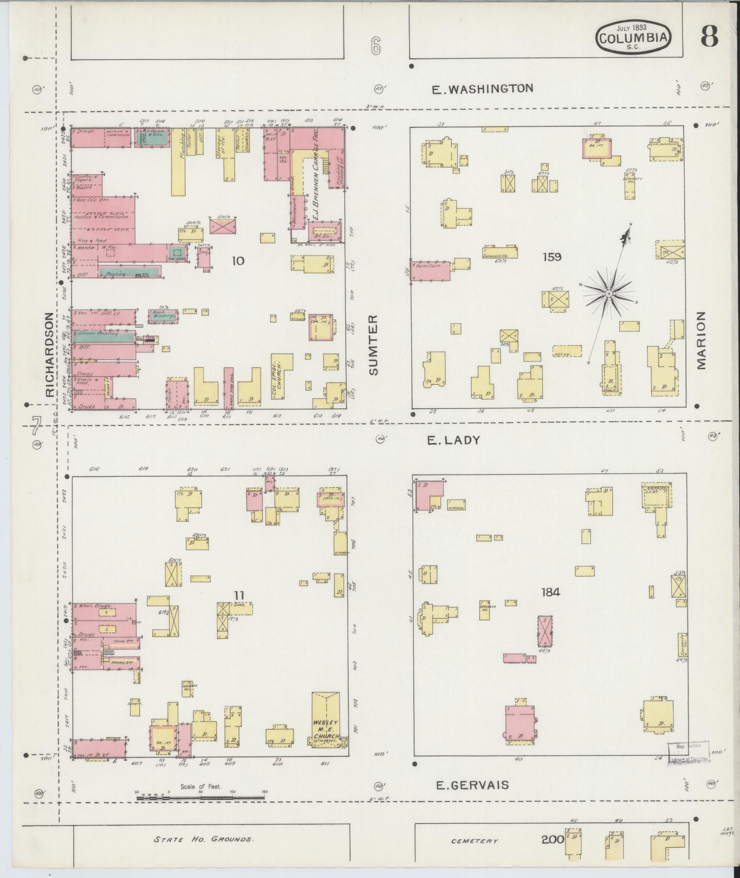 Sanborn Fire Insurance Map from Columbia, Richland County, South Carolina (1893), Sheet #0008 - Historic Sanborn Fire Insurance Map Print, vintage old map wall art, antique decor, genealogy gift, South Carolina South Carolina map