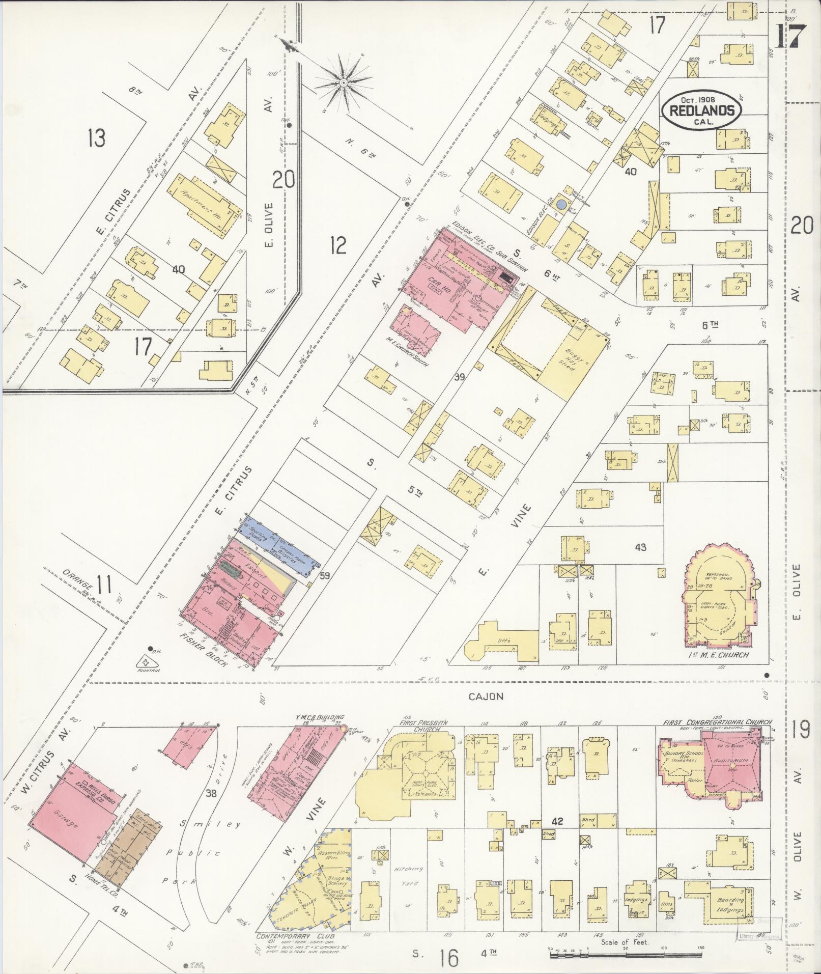 Sanborn Fire Insurance Map from Redlands, San Bernardino County, California (1908), Sheet #0017 - Complete Map Set gallery image, historic Sanborn map, vintage wall art, California California