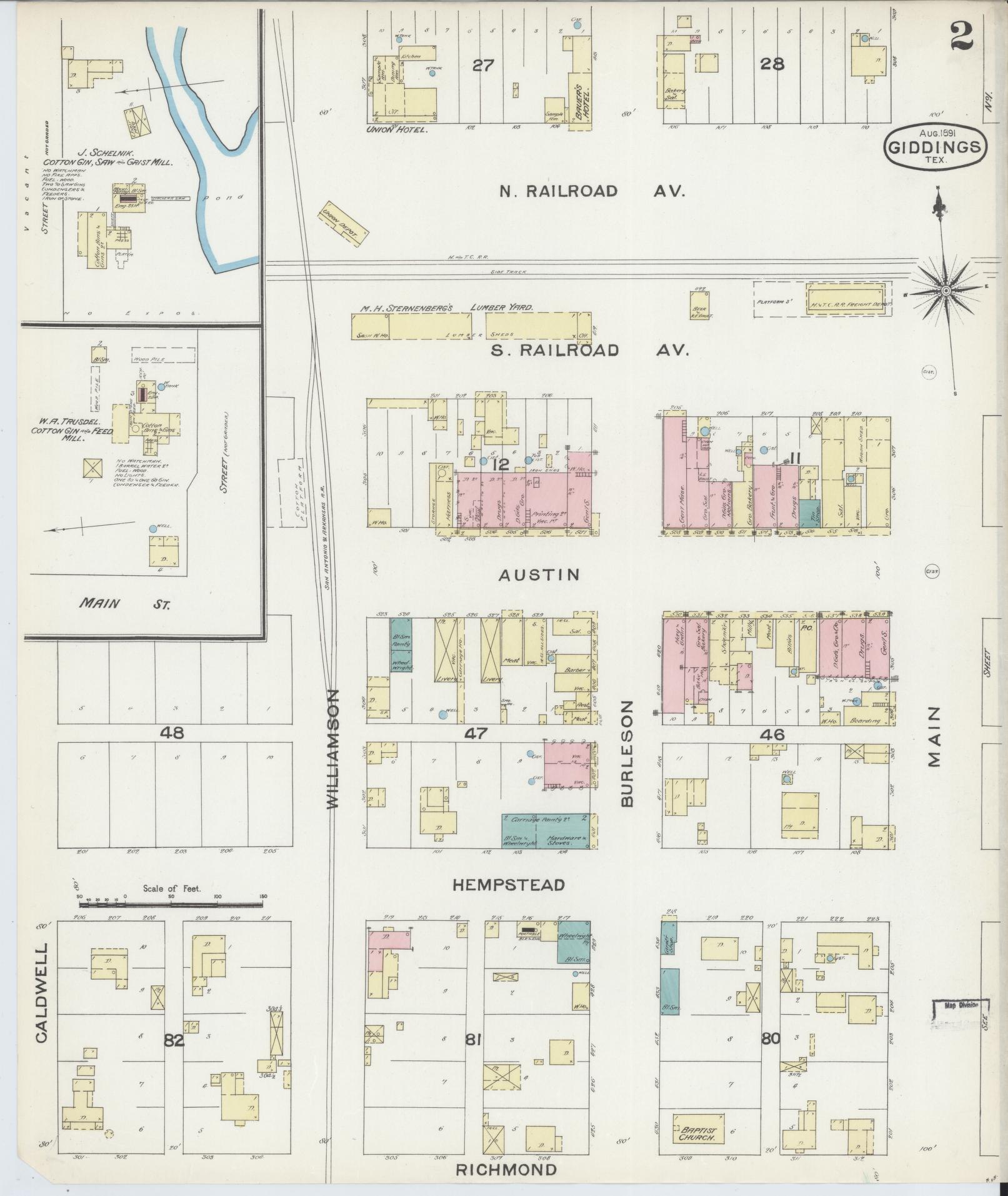 Sanborn Fire Insurance Map from Giddings, Lee County, Texas (1891), Sheet #0002 - Historic Sanborn Fire Insurance Map Print, vintage old map wall art, antique decor, genealogy gift, Texas Texas map
