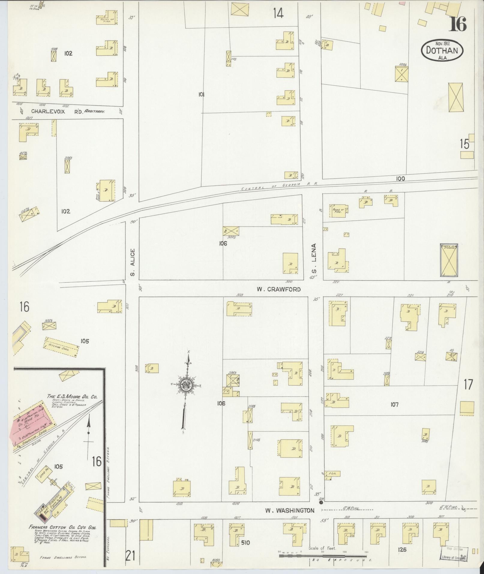 Sanborn Fire Insurance Map from Dothan, Houston County, Alabama (1912), Sheet #0016 - Historic Sanborn Fire Insurance Map Print, vintage old map wall art, antique decor, genealogy gift, Alabama Alabama map