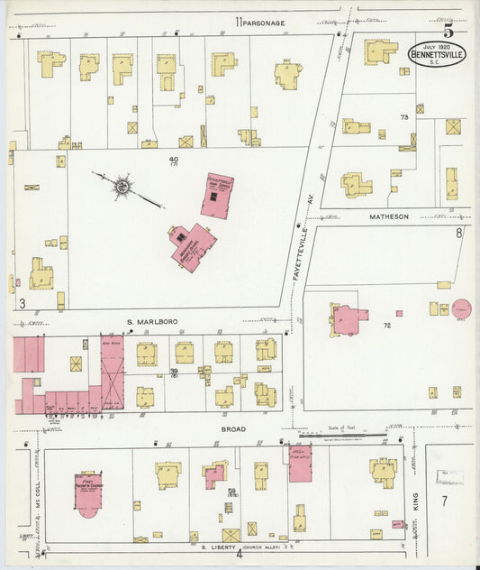 Sanborn Fire Insurance Map from Bennettsville, Marlboro County, South Carolina (1920), Sheet #0005 - Historic Sanborn Fire Insurance Map Print, vintage old map wall art, antique decor, genealogy gift, South Carolina South Carolina map